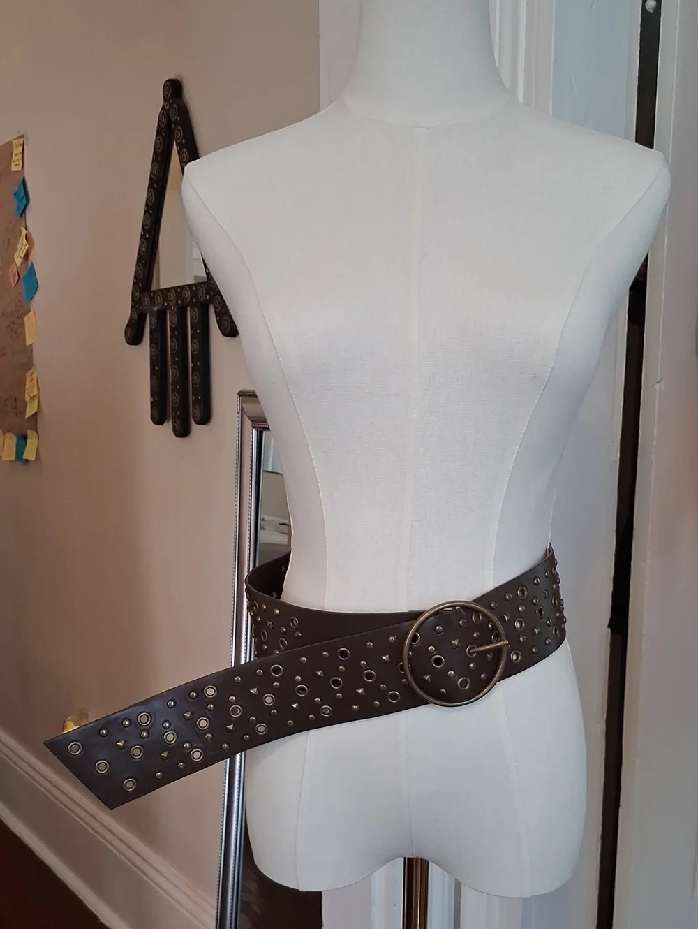 Brown Studded Wide Belt Boho Western Faux Leather Grommet Buckle Size Small